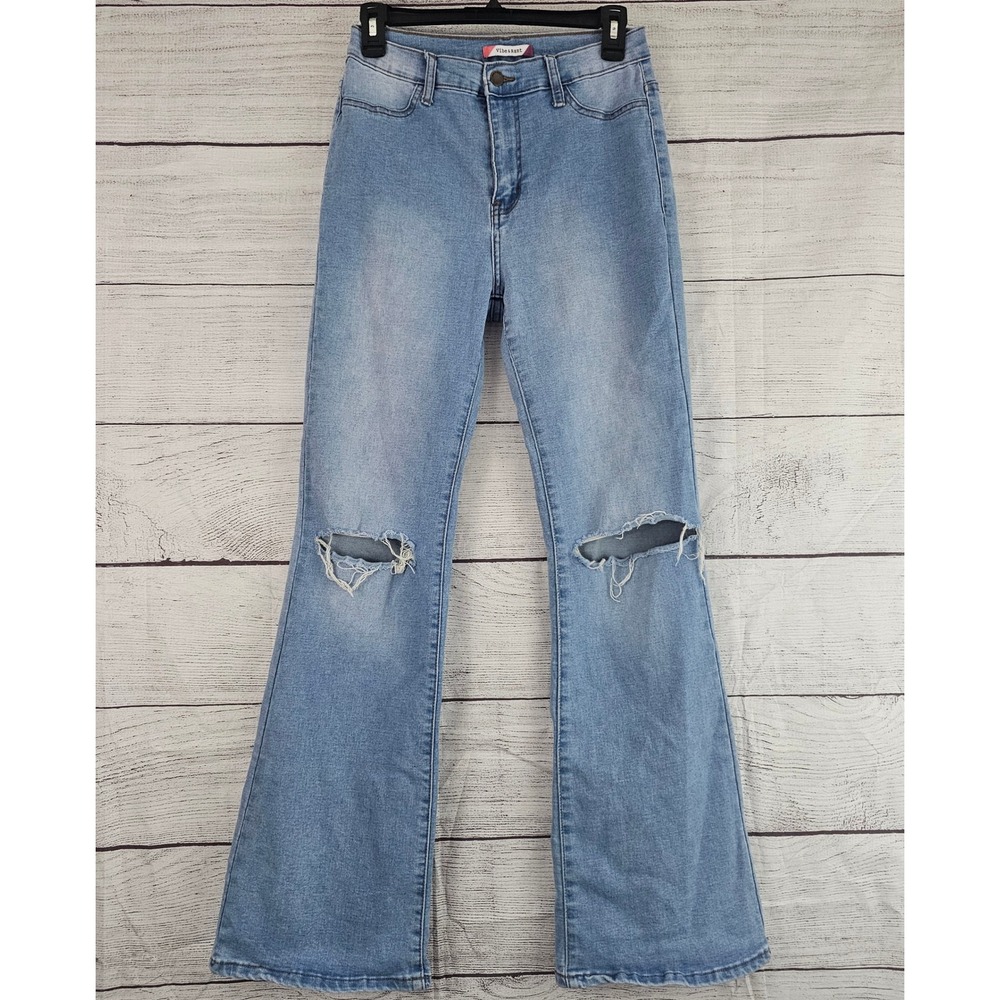 Vibe & Rant 13 High Rise Flare Jeans Light Wash Distressed Stretch 1543